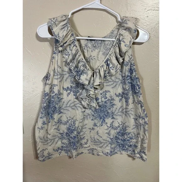 Lauren Ralph Lauren Floral Toile Ruffle V-Neck Sleeveless Cotton Top Blue XL - Picture 4 of 7